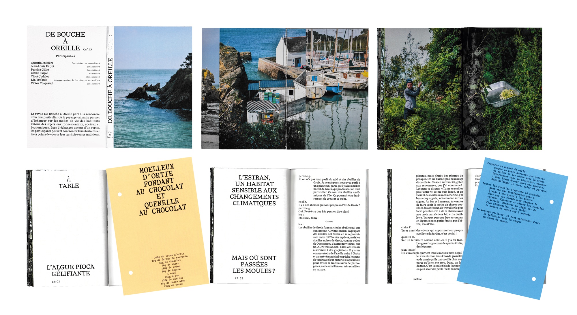 Pages de la revue De Bouche à Oreille n°1 : couverture, paysages de Groix, cueillette et recettes