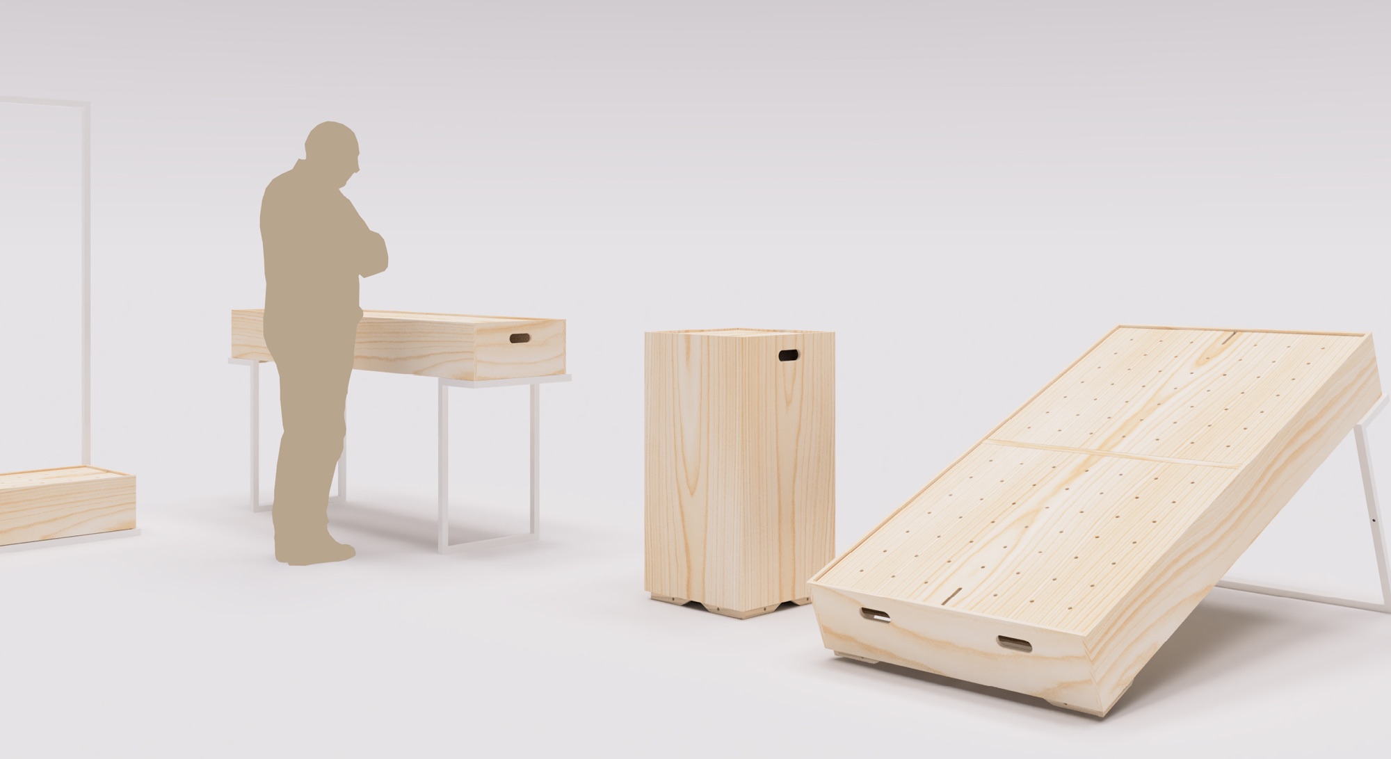 Rendu 3D de modules en bois clair et cadres blancs, une silhouette penchée sur une table