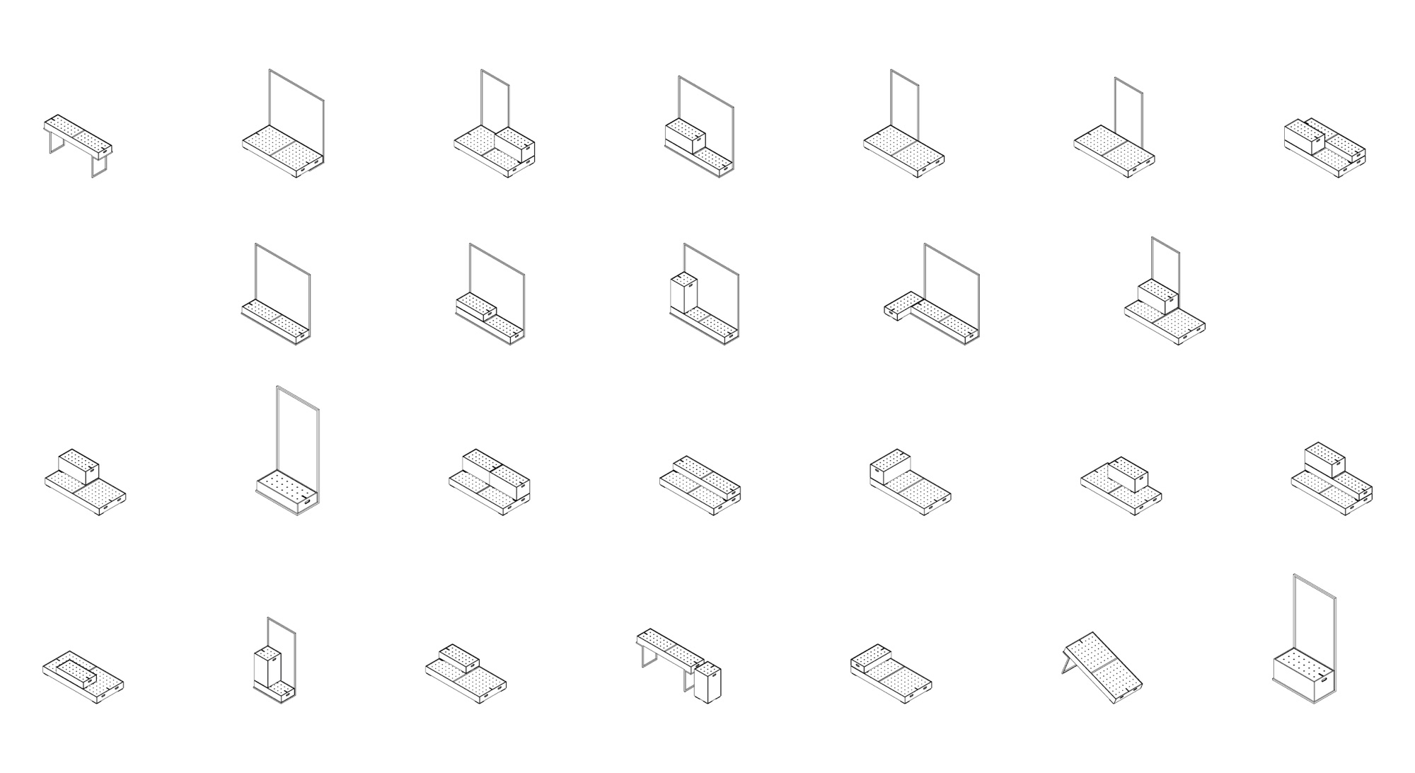 Planche de dessins axonométriques montrant les combinaisons possibles des modules